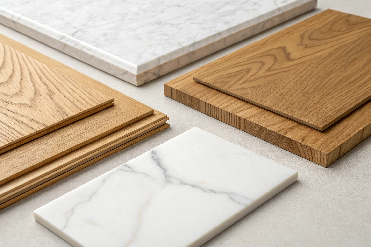 Close-up of high-end home renovation materials like marble and wood