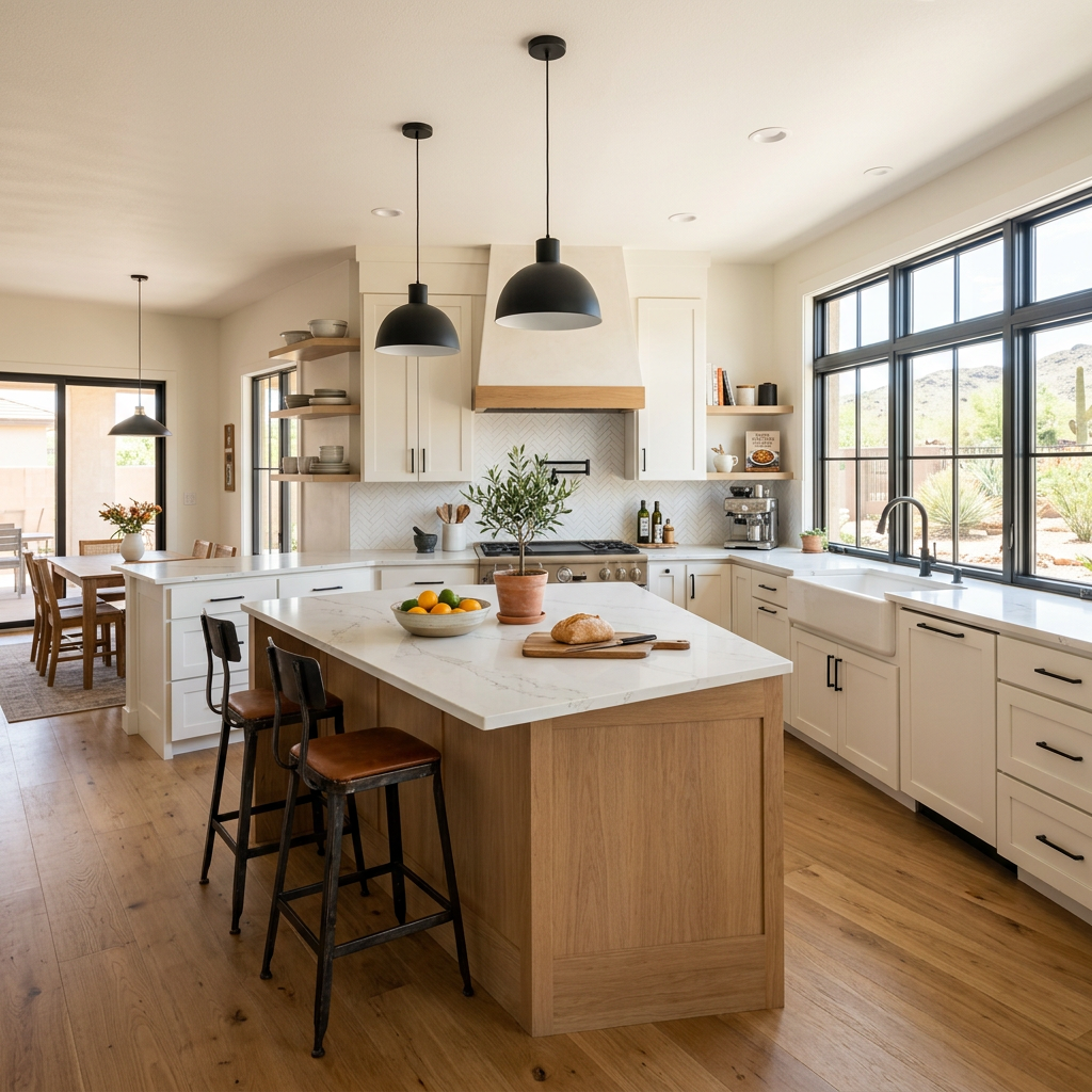 Warm, updated kitchen with fresh cabinets and modern finishes