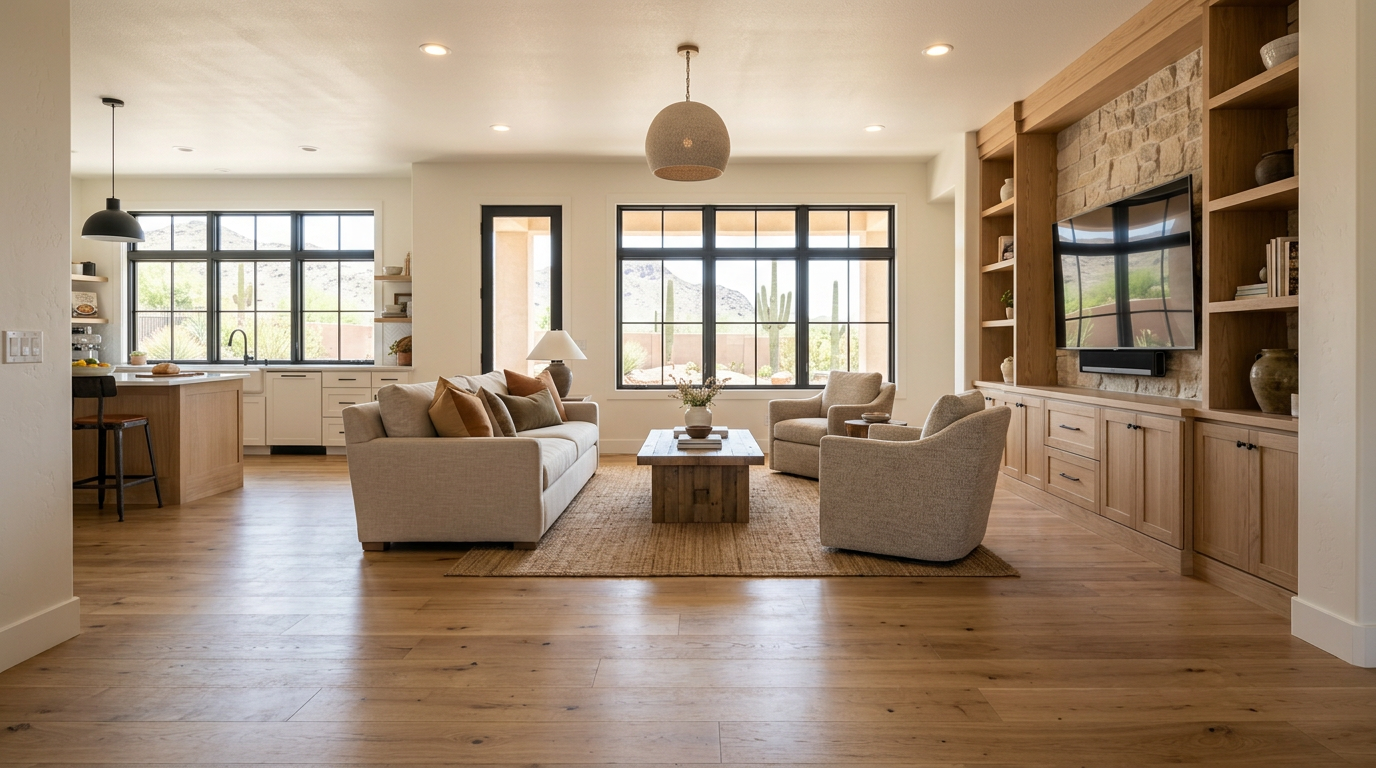 Open-plan living room and kitchen with desert views through large windows