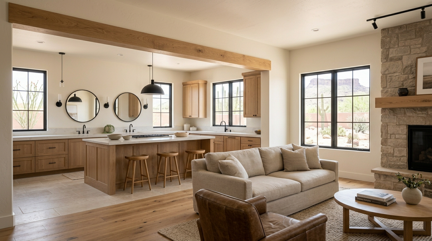 Open-plan kitchen and living room with desert mountain views