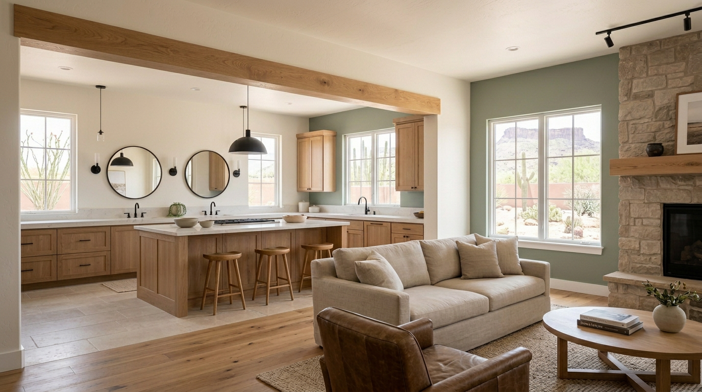 Open-plan living room and kitchen with desert mountain views